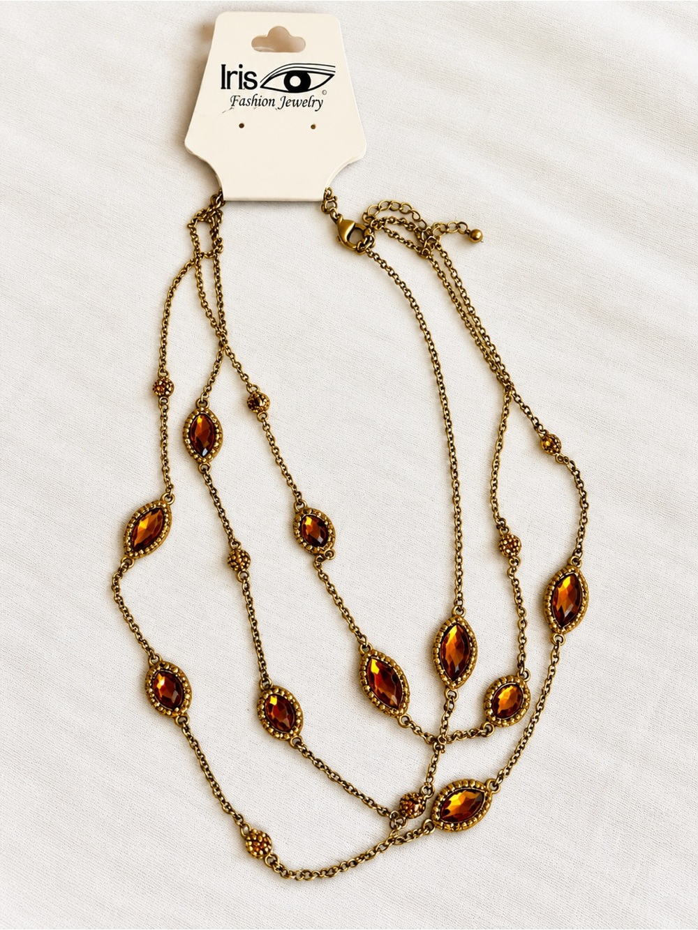 Fashion Jewelry Gold-Tone Multi-Strand Necklace with Amber Stones